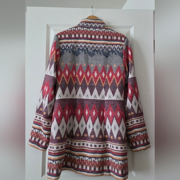 SOLD King Ranch Western Pattern Overcoat Jacket Womens XL Red Maroon Tan Aztec - Picture 4 of 9